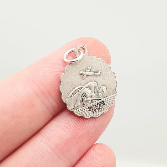GEORG JENSEN Vintage Sterling Silver St Christopher Pendant Necklace Small Plane Car Double Sided Genuine Saint Jewellery Jewelry Women