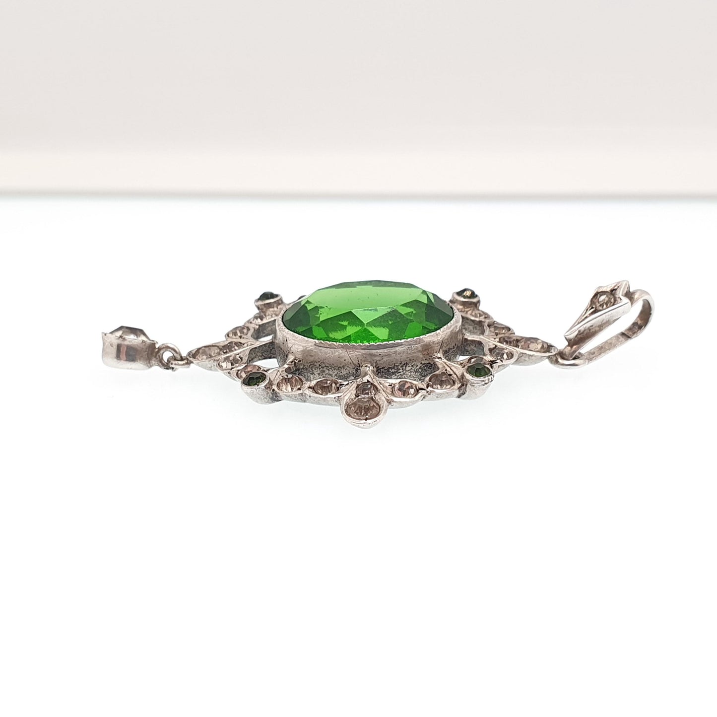 Antique Victorian Solid Silver Diamond Emerald Paste Necklace Pendant Box Wreath Art Nouveau Old Cut Ornate Sparkly Jewellery Jewelry
