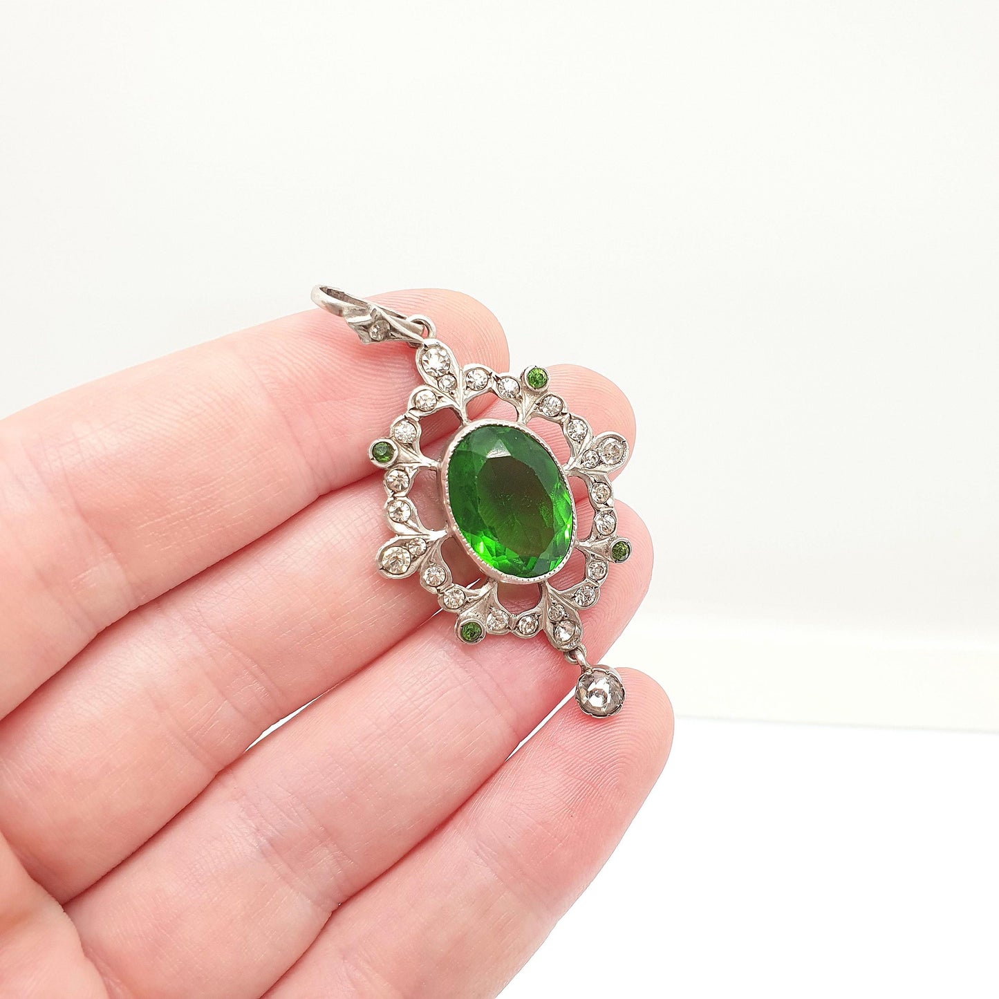Antique Victorian Solid Silver Diamond Emerald Paste Necklace Pendant Box Wreath Art Nouveau Old Cut Ornate Sparkly Jewellery Jewelry