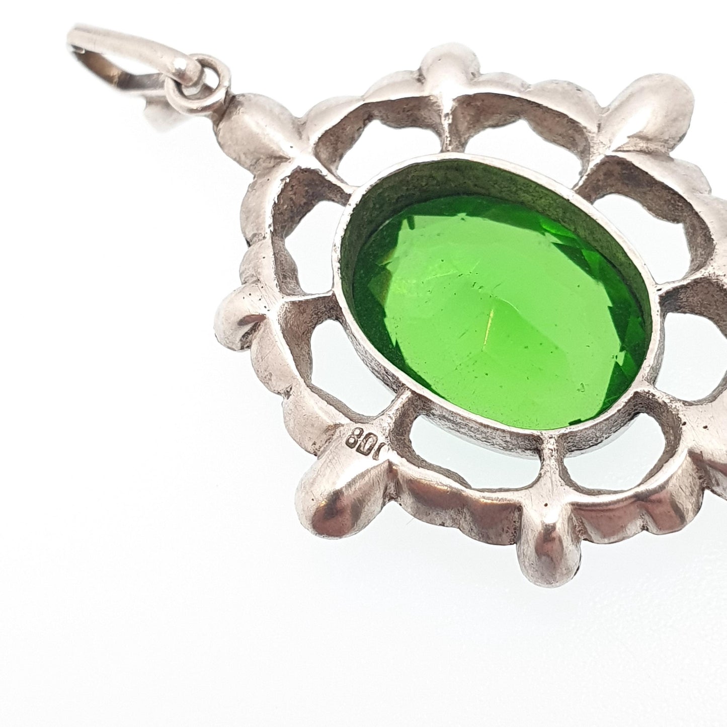 Antique Victorian Solid Silver Diamond Emerald Paste Necklace Pendant Box Wreath Art Nouveau Old Cut Ornate Sparkly Jewellery Jewelry