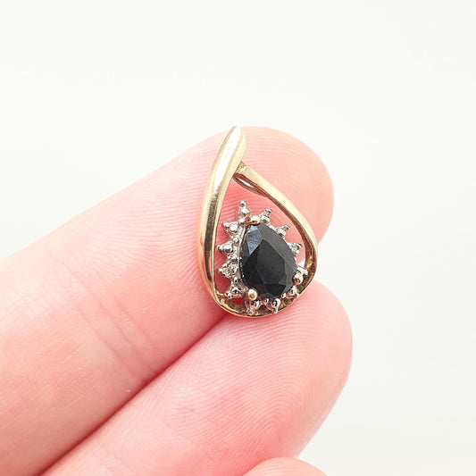 Vintage 9k 9ct Gold Sapphire & Diamond Necklace Pear Cut Pendant Cluster Small Solid 375 Yellow Cute Ladies Womens Jewelry Retro Jewellery