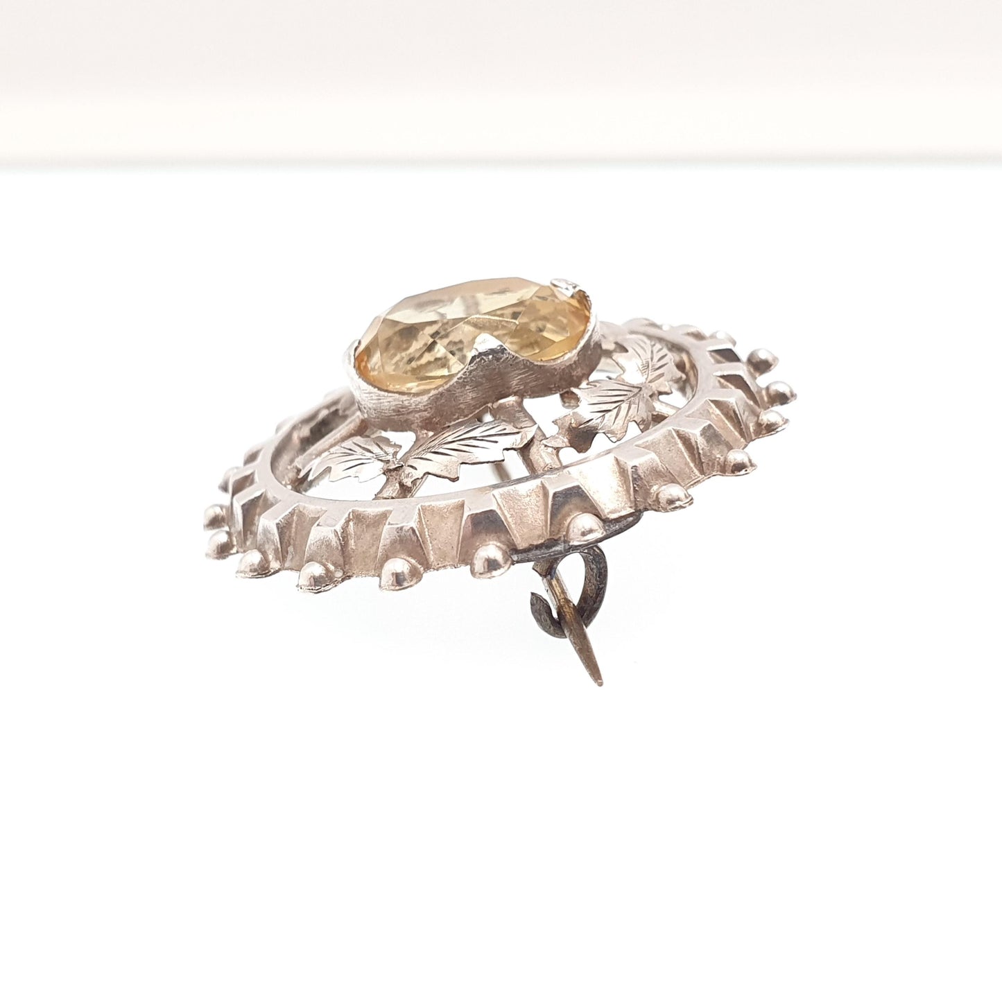 Antique Victorian Solid Silver Citrine Brooch Genuine Gemstone Etruscan Leaf Border Oval Cut Quartz Pin Vintage Womens Jewelry Jewellery