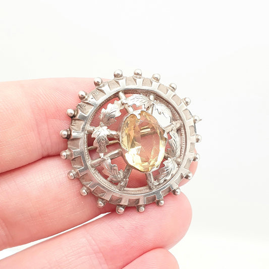 Antique Victorian Solid Silver Citrine Brooch Genuine Gemstone Etruscan Leaf Border Oval Cut Quartz Pin Vintage Womens Jewelry Jewellery