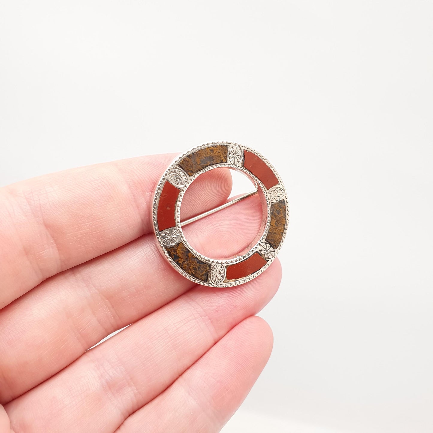 Antique Sterling Silver Scottish Brooch Jasper Agate Victorian Donut Polo Ring Solid 925 Vintage Celtic Gaelic Fine Womens Jewelry Jewellery
