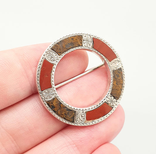 Antique Sterling Silver Scottish Brooch Jasper Agate Victorian Donut Polo Ring Solid 925 Vintage Celtic Gaelic Fine Womens Jewelry Jewellery