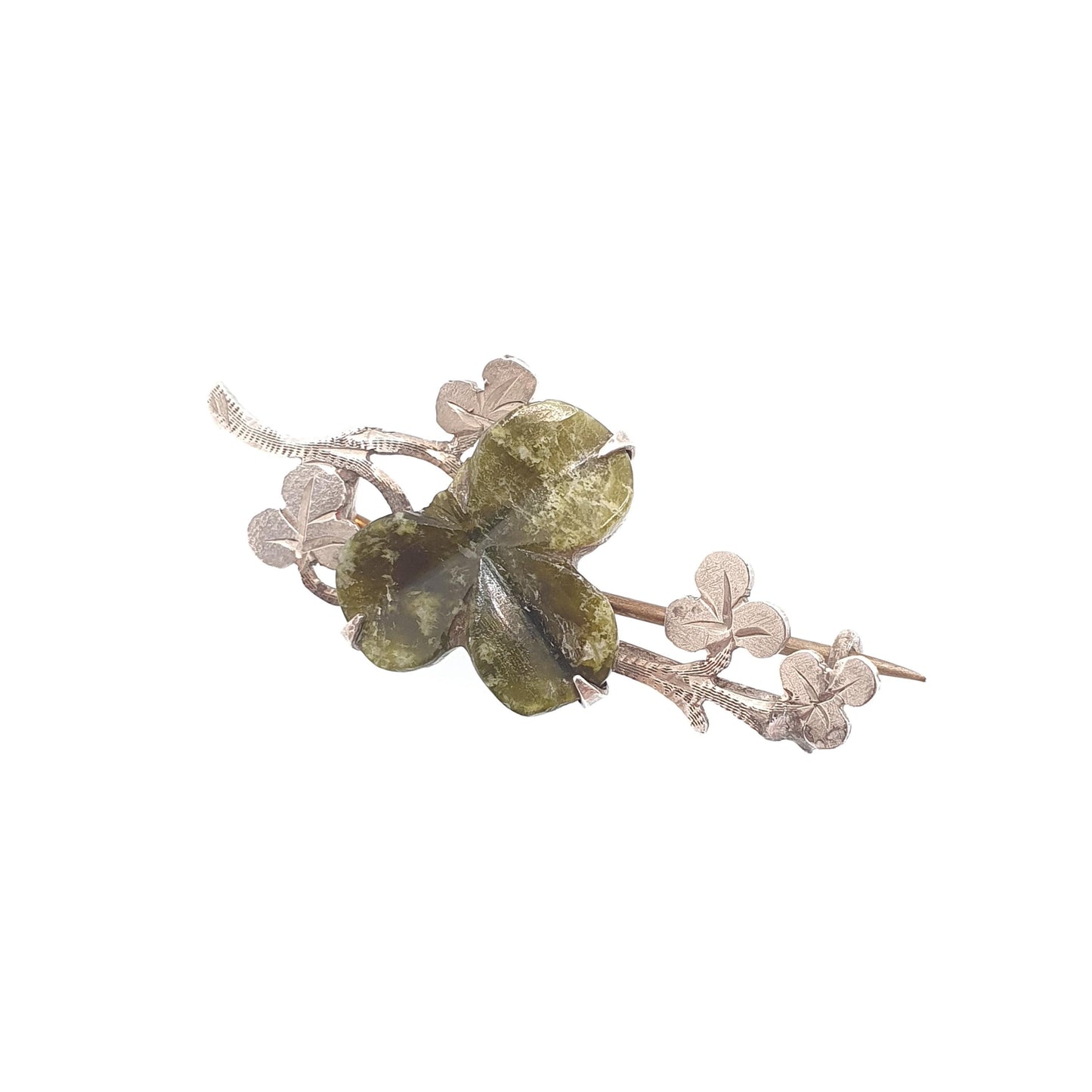 Antique Connemara Clover Brooch Sterling Silver Victorian Lucky Irish 1894 Hallmark Three Leaf Green Marble Shamrock Celtic Vintage Jewelry