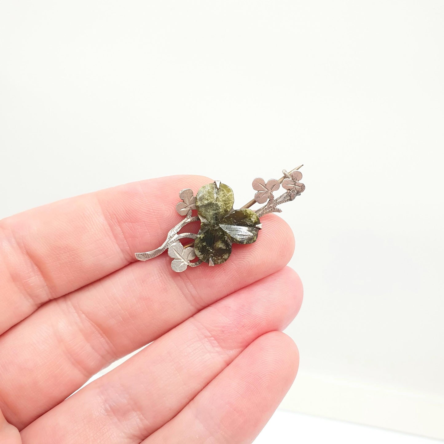 Antique Connemara Clover Brooch Sterling Silver Victorian Lucky Irish 1894 Hallmark Three Leaf Green Marble Shamrock Celtic Vintage Jewelry