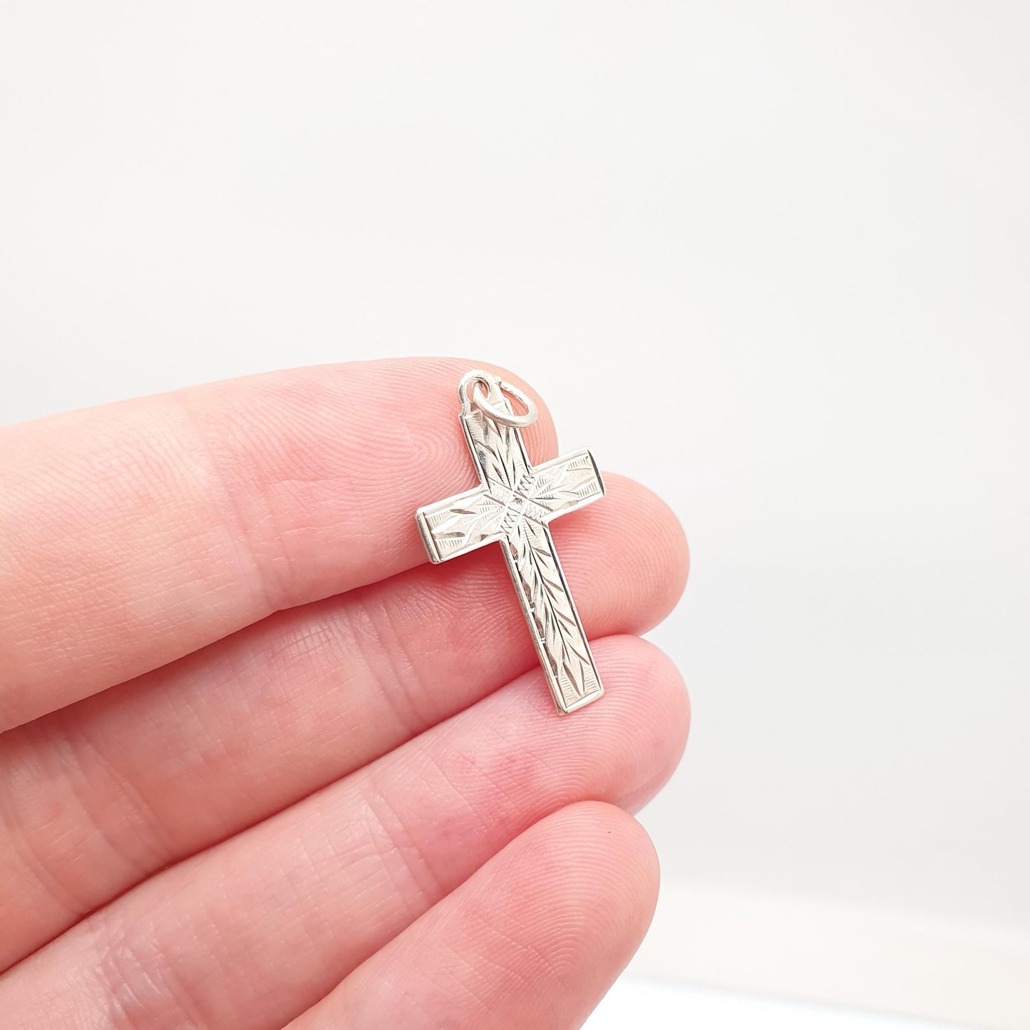 Antique Sterling Silver Crucifix Necklace Pendant Small Hand Engraved Cross Charm Christian Catholic Jewelry Vintage Womens Jewellery