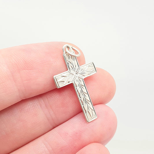 Antique Sterling Silver Crucifix Necklace Pendant Small Hand Engraved Cross Charm Christian Catholic Jewelry Vintage Womens Jewellery