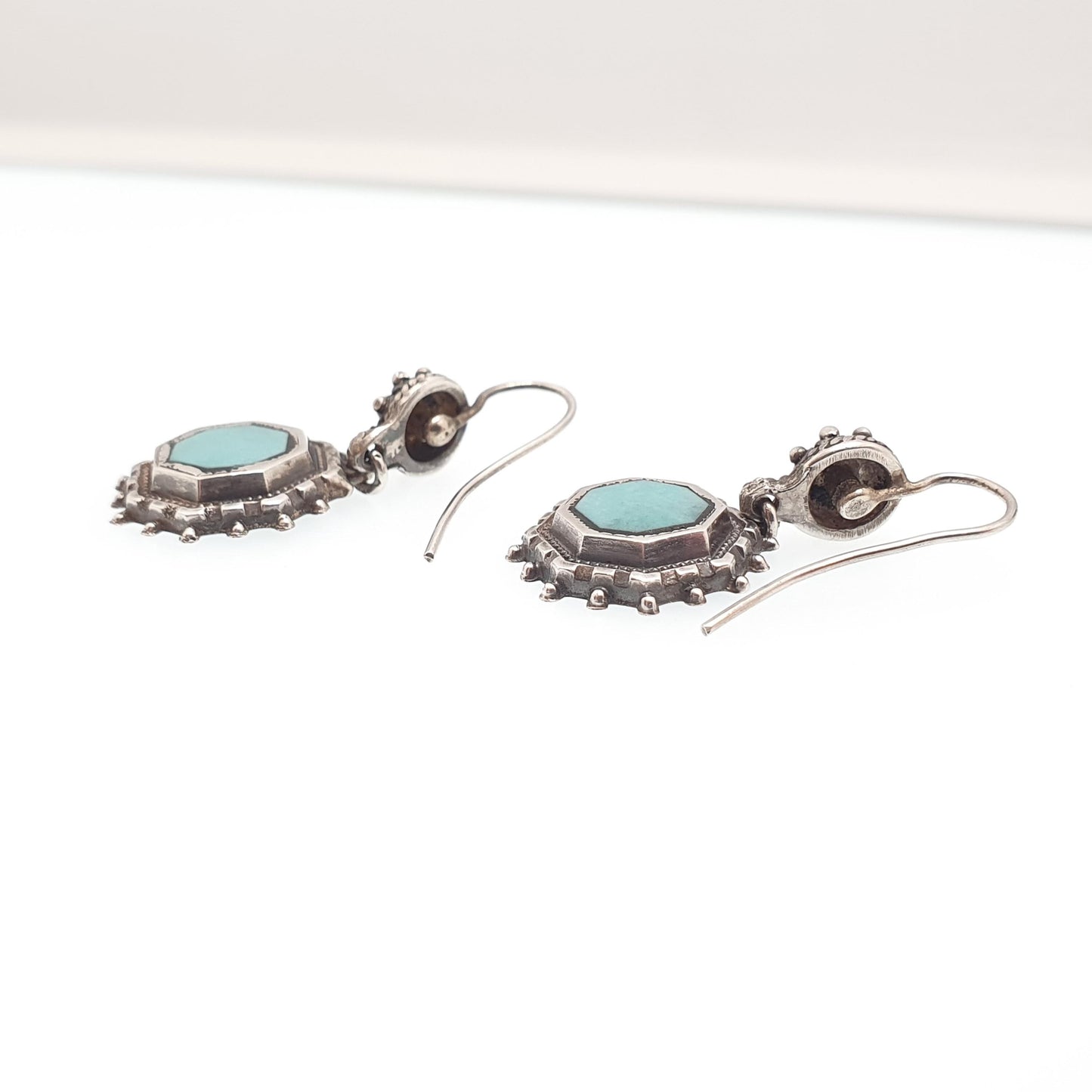 Antique Victorian Solid Silver Turquoise Glass Earrings Dangle Large Hook Pendulum Etruscan Genuine Vintage Womens Jewelry Jewellery