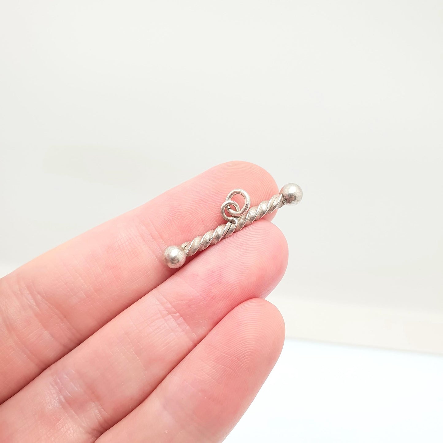 Antique Solid Silver T Bar Pendant Fob Victorian Necklace Twist and Ball Albertina Chain Pocket Watch Charm Vintage Womens Jewelry Jewellery