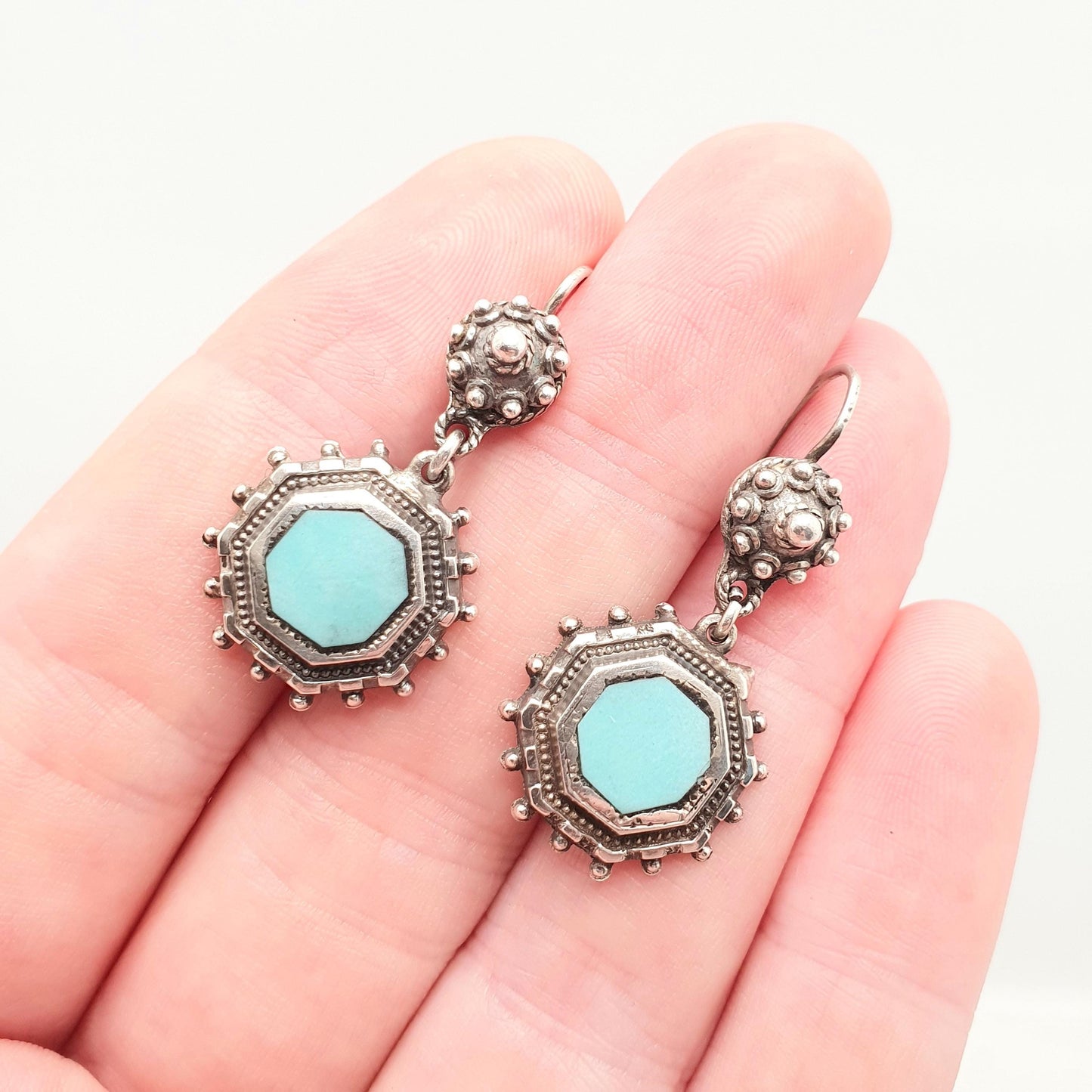 Antique Victorian Solid Silver Turquoise Glass Earrings Dangle Large Hook Pendulum Etruscan Genuine Vintage Womens Jewelry Jewellery