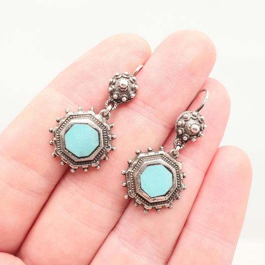 Antique Victorian Solid Silver Turquoise Glass Earrings Dangle Large Hook Pendulum Etruscan Genuine Vintage Womens Jewelry Jewellery