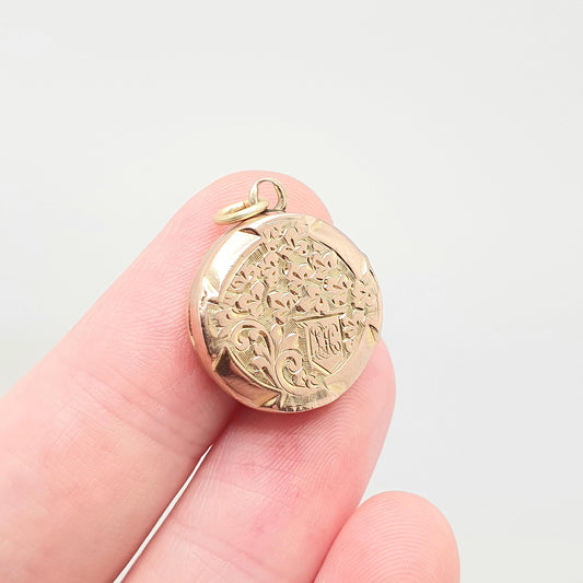 Antique 9ct Rose Gold Locket Round Circle Solid 9k 375 Engraved Small Cute Pendant Love Gift Back & Front Necklace Jewelry Womens Jewellery