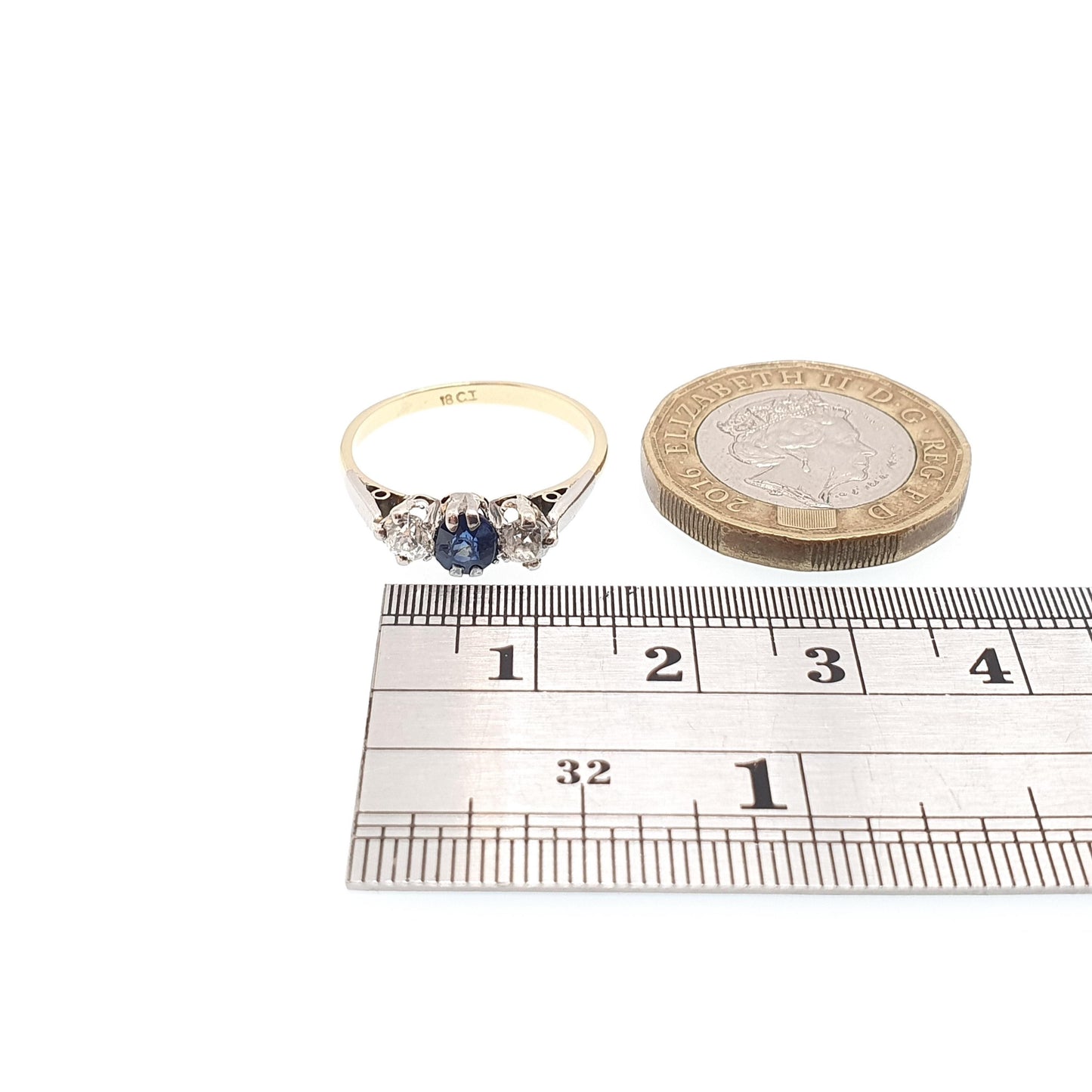 Antique Sapphire & Diamond Ring 18k 18ct Solid Gold 750 Trilogy Old Cut Art Deco 1920s Genuine Natural Gemstone Vintage Jewelry Jewellery