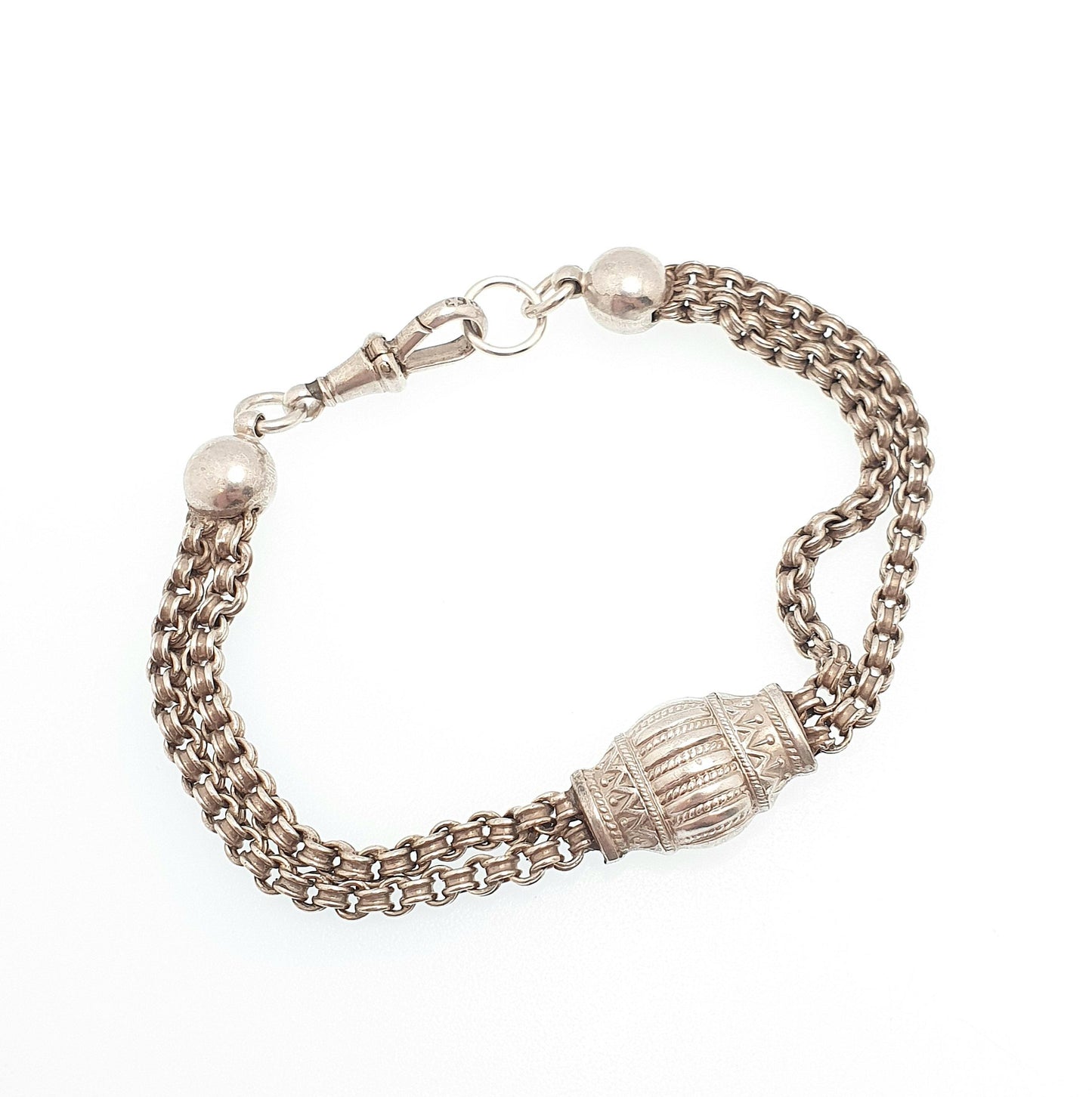 Antique Solid Silver Albertina Bracelet Victorian Etruscan Bead Belcher Link Engraved Chain 10.09g 19cm Vintage Womens Jewelry Jewellery
