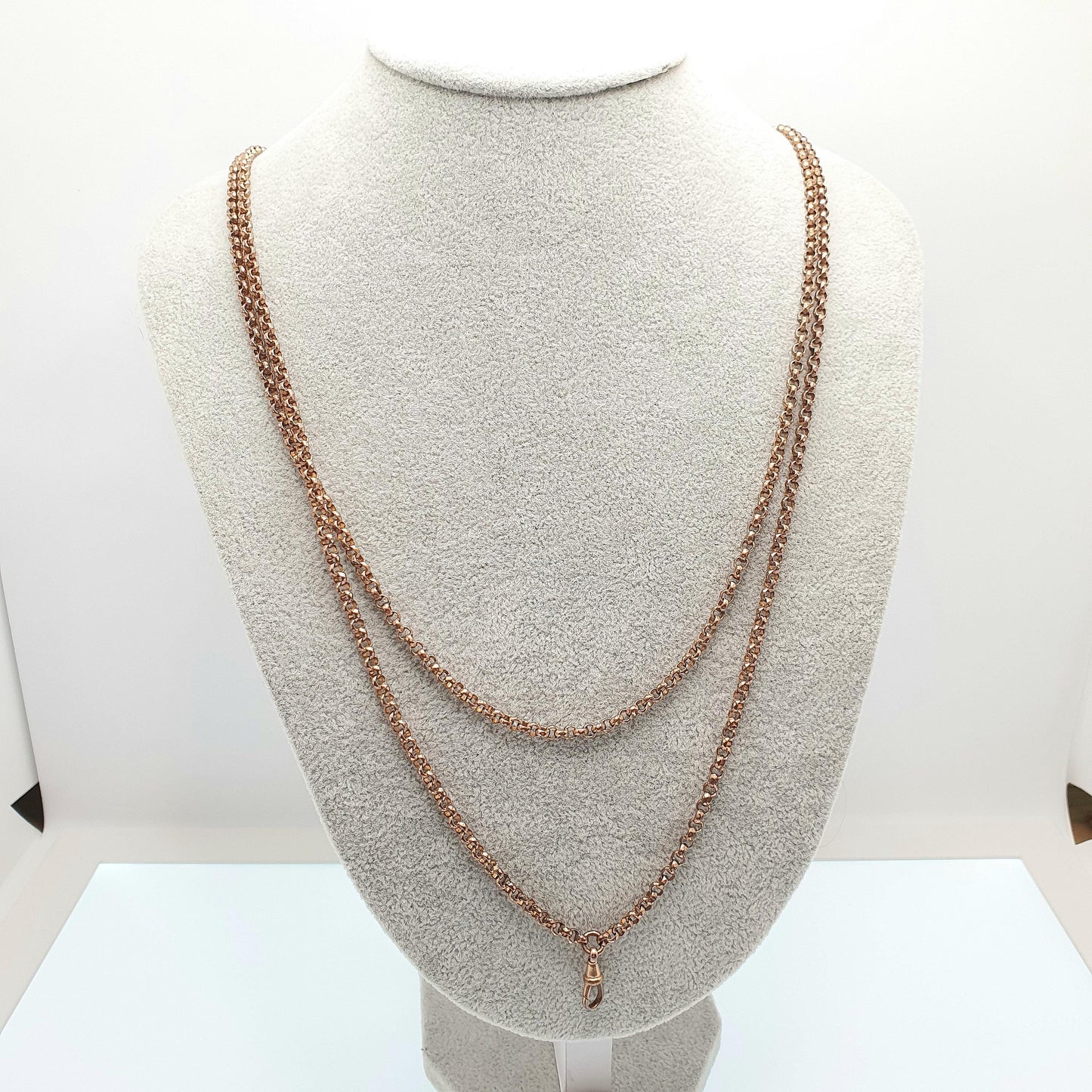 Antique Victorian Rose Rolled Gold Muff Chain Necklace Dog Clip Belcher Link Rolo 136cm 39.00g Long 1800s Guard Vintage Jewelry Jewellery