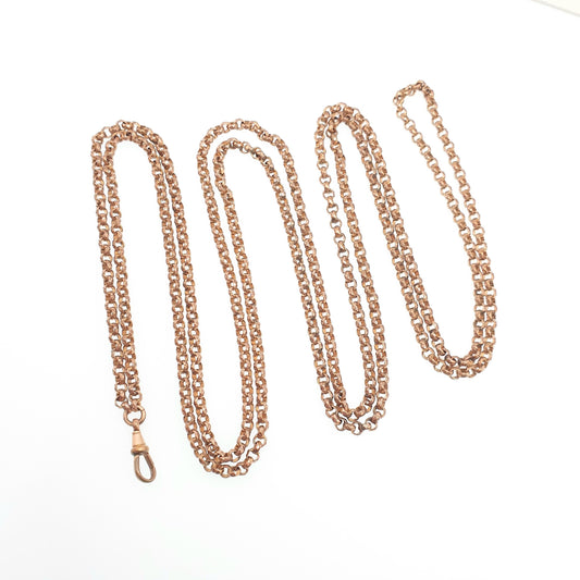 Antique Victorian Rose Rolled Gold Muff Chain Necklace Dog Clip Belcher Link Rolo 136cm 39.00g Long 1800s Guard Vintage Jewelry Jewellery