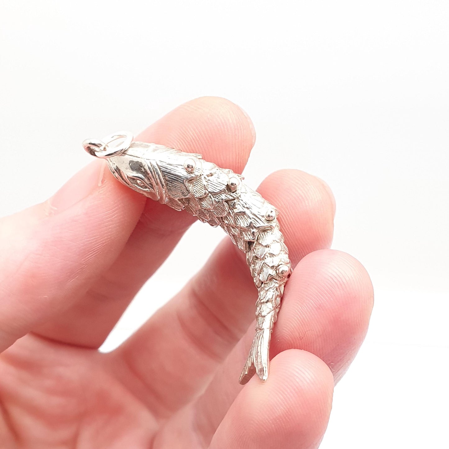 Vintage Solid Silver Articulated Fish Pendant Necklace Large Big Chinese Style Hinged Moving Tail Retro Mens Womens Jewelry Jewellery