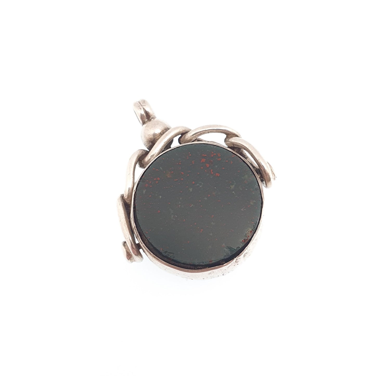 Antique Sterling Silver Spinner Bloodstone Fob Necklace Pendant Carnelian Hallmark Large Curb Link Vintage Mens Womens Jewelry Jewellery