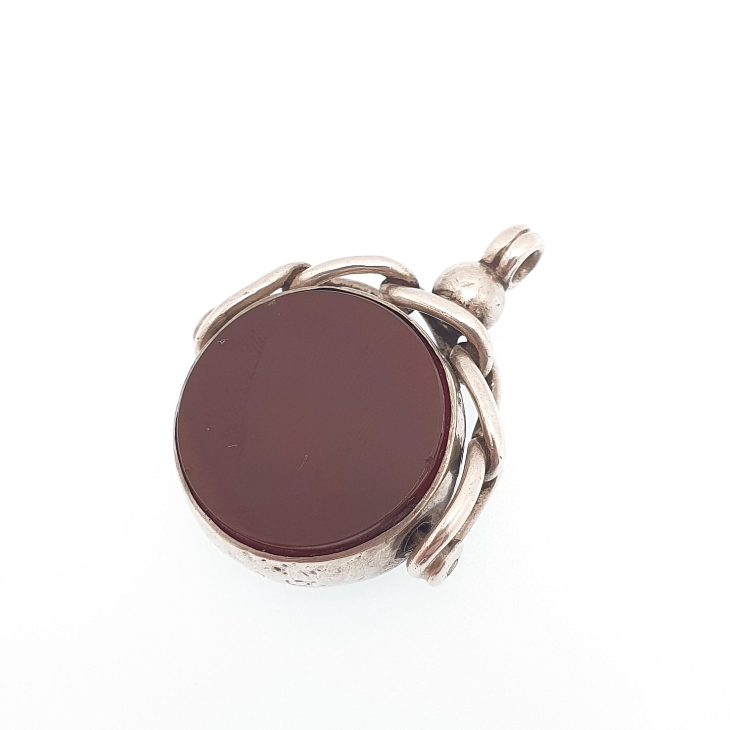 Antique Sterling Silver Spinner Bloodstone Fob Necklace Pendant Carnelian Hallmark Large Curb Link Vintage Mens Womens Jewelry Jewellery
