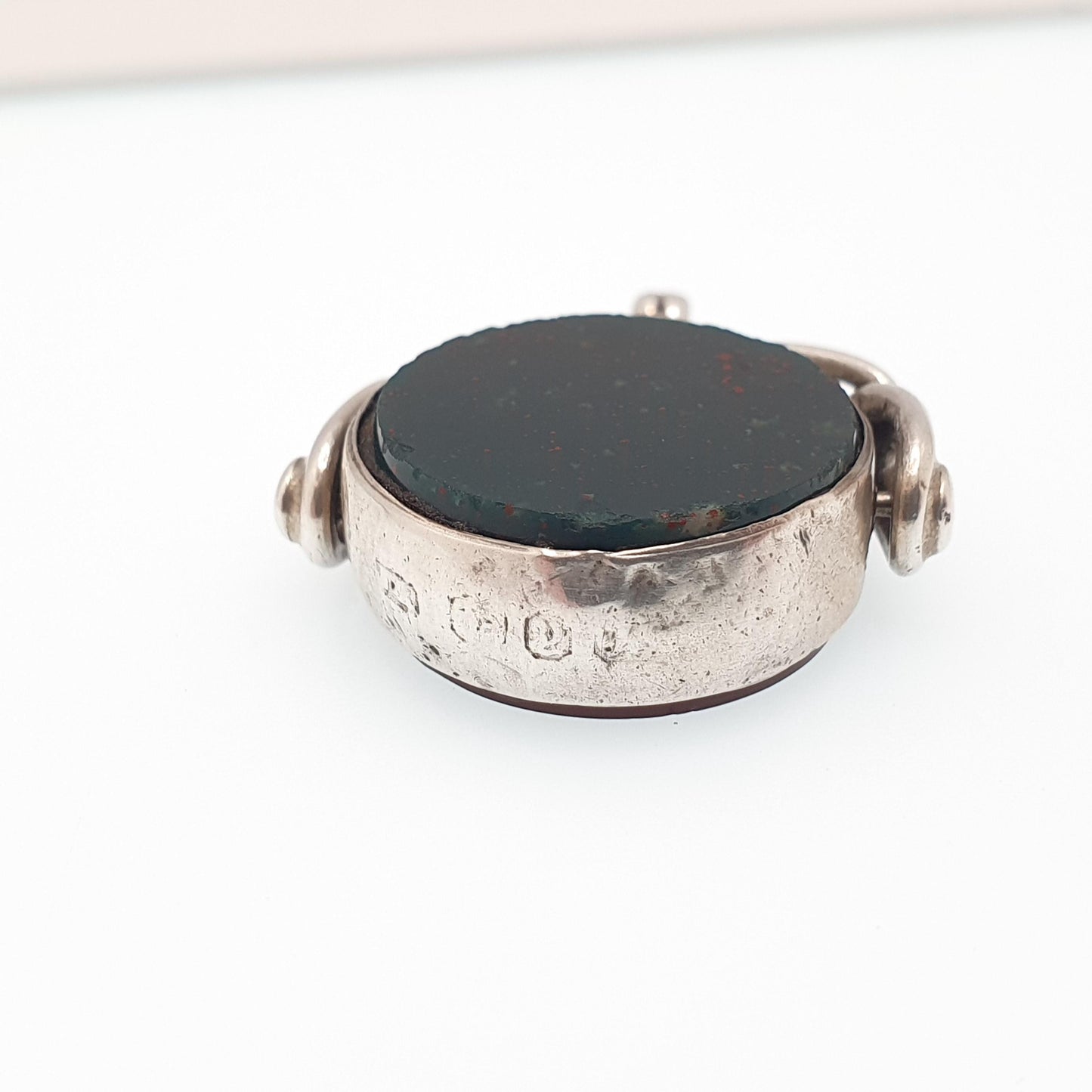 Antique Sterling Silver Spinner Bloodstone Fob Necklace Pendant Carnelian Hallmark Large Curb Link Vintage Mens Womens Jewelry Jewellery
