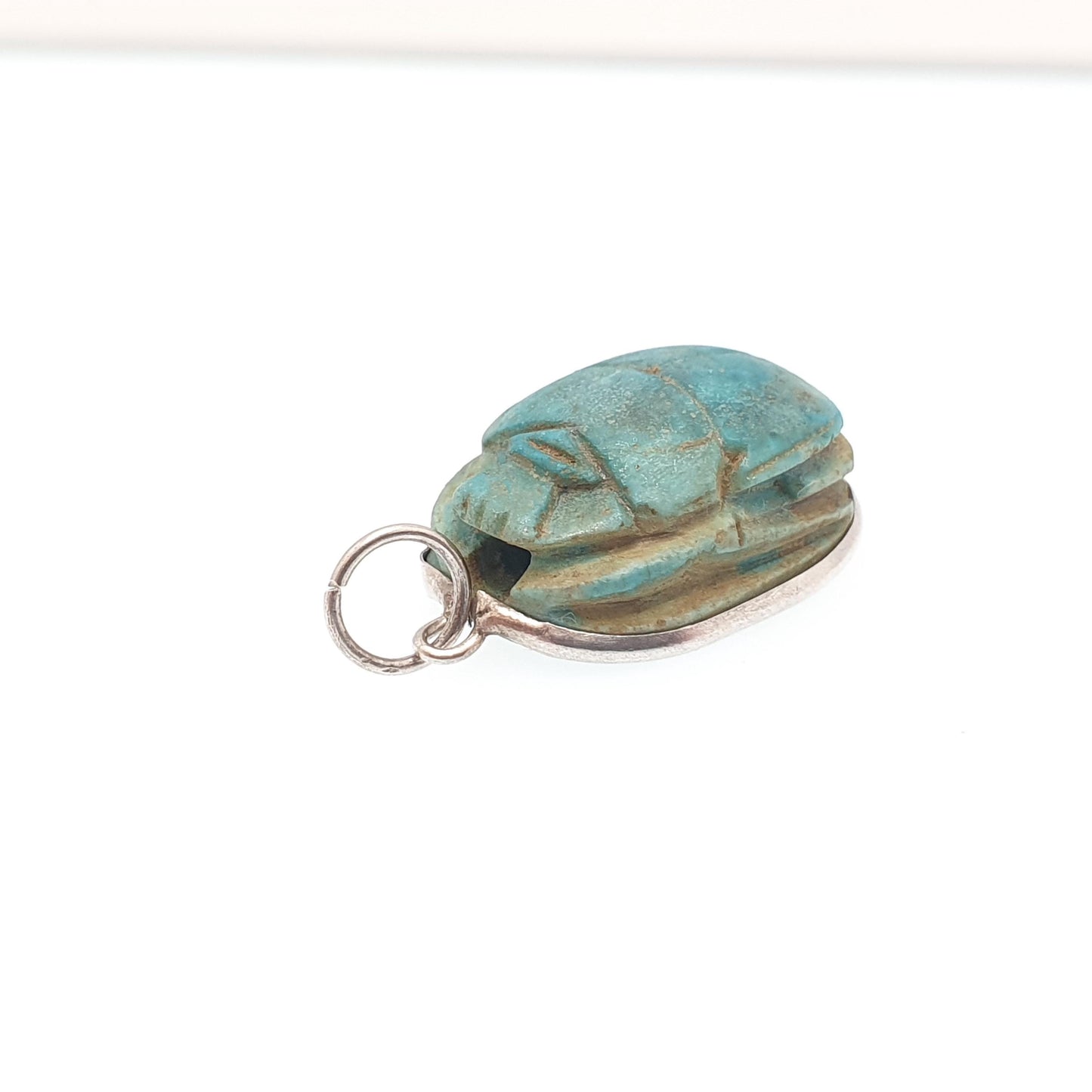 Old Vintage Solid Silver Scarab Beetle Necklace Pendant Faience Enamel Egyptian Revival Insect Animal Mens Womens Jewelry Jewellery