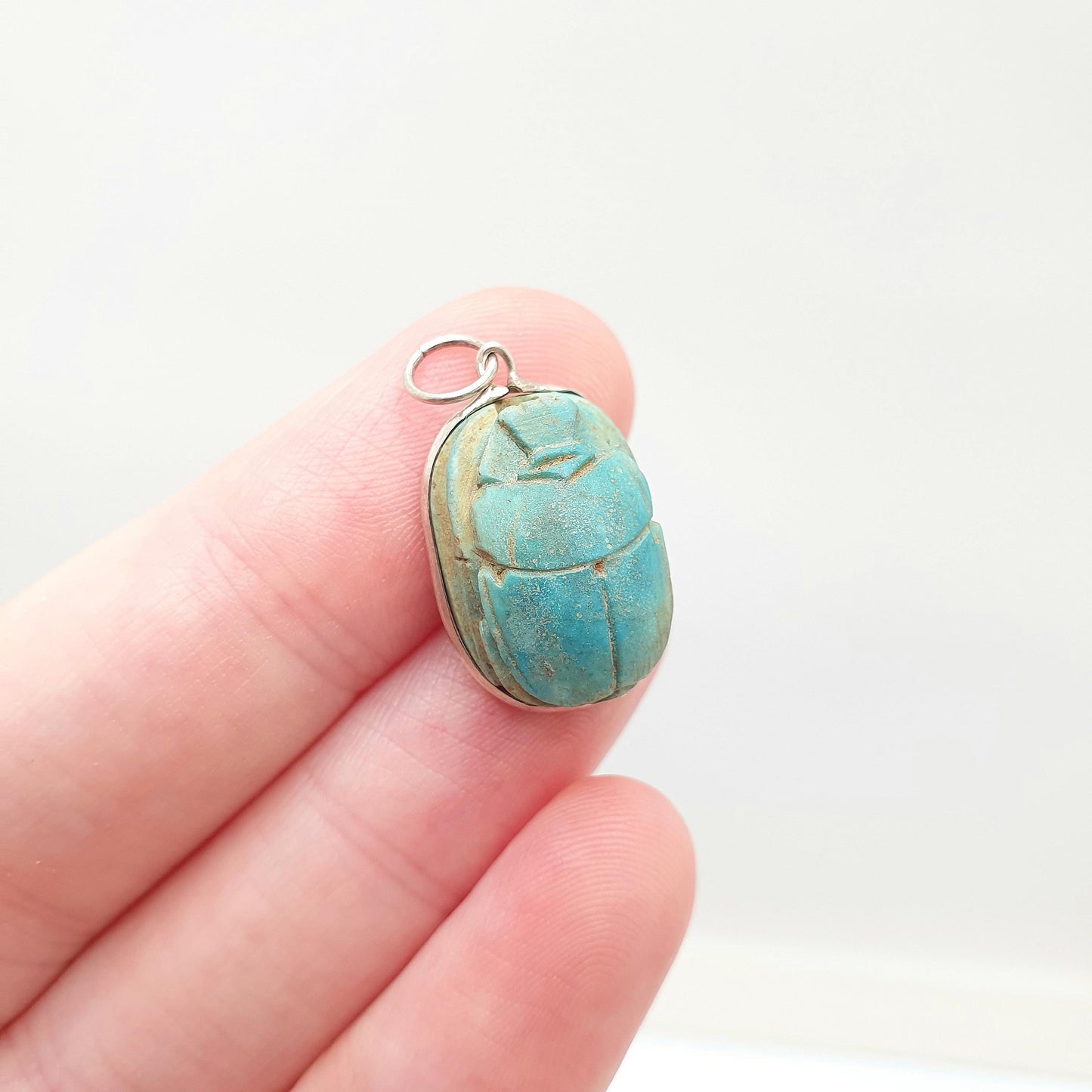 Old Vintage Solid Silver Scarab Beetle Necklace Pendant Faience Enamel Egyptian Revival Insect Animal Mens Womens Jewelry Jewellery