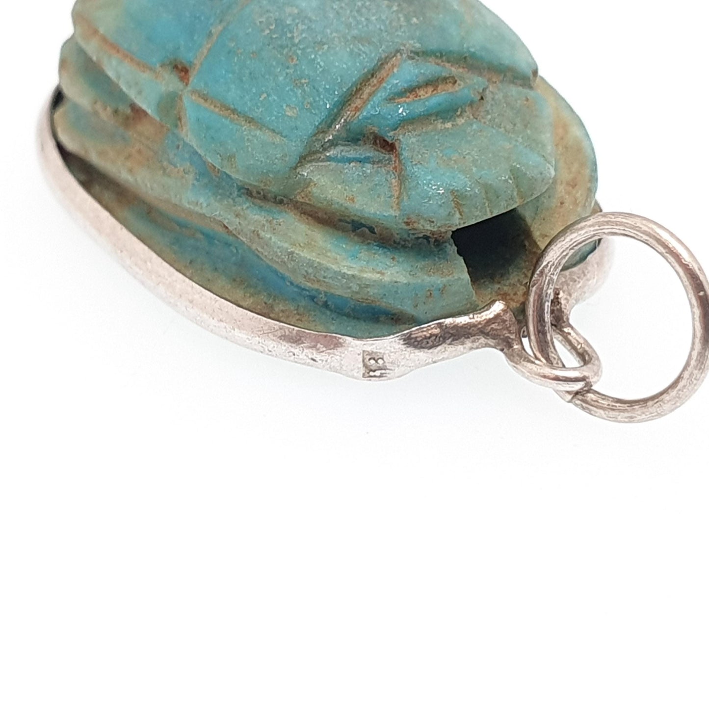 Old Vintage Solid Silver Scarab Beetle Necklace Pendant Faience Enamel Egyptian Revival Insect Animal Mens Womens Jewelry Jewellery