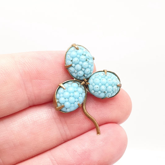 Antique Victorian Faux Turquoise Clover Brooch Gold Tone Good Luck Lucky Irish Three Leaf Pin  Vintage 1800s Jewelry Jewellery
