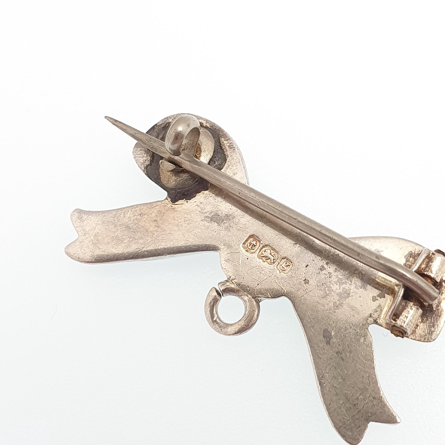 Antique Sterling Silver Enamel Bow Brooch Pin Green Champleve 1906 Hallmarked Nurse Fob Edwardian Vintage Womens Ladies Jewelry Jewellery