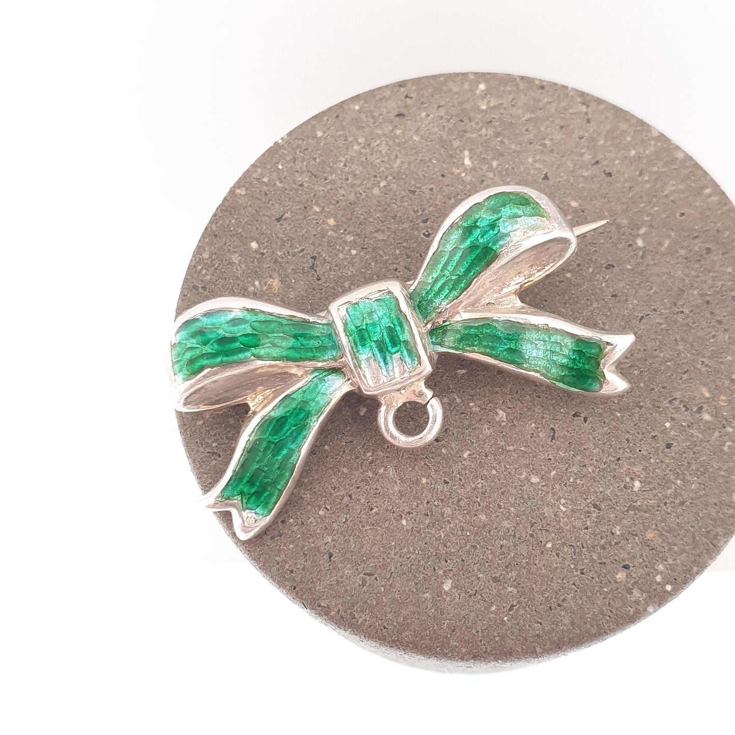 Antique Sterling Silver Enamel Bow Brooch Pin Green Champleve 1906 Hallmarked Nurse Fob Edwardian Vintage Womens Ladies Jewelry Jewellery