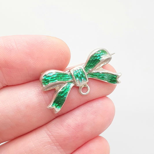 Antique Sterling Silver Enamel Bow Brooch Pin Green Champleve 1906 Hallmarked Nurse Fob Edwardian Vintage Womens Ladies Jewelry Jewellery