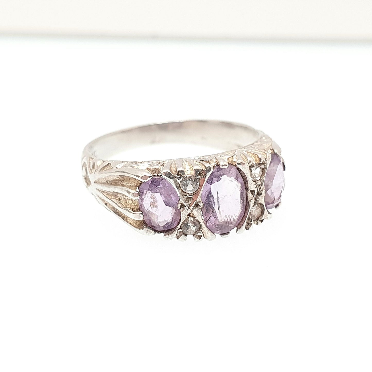 Vintage Sterling Silver Amethyst Ring Gypsy Large Gemstones White Quartz Hallmark Chunky Solid 925 Sparkly Retro Jewellery Jewelry