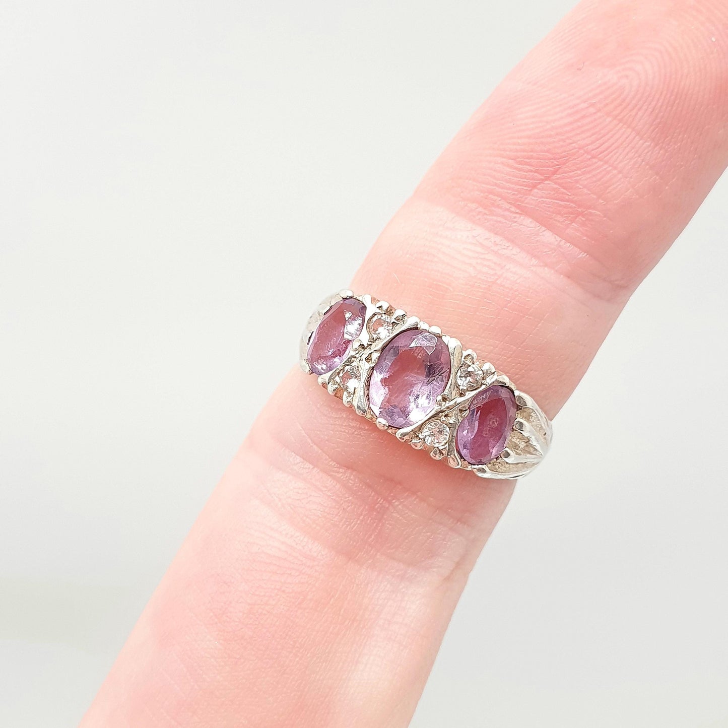 Vintage Sterling Silver Amethyst Ring Gypsy Large Gemstones White Quartz Hallmark Chunky Solid 925 Sparkly Retro Jewellery Jewelry