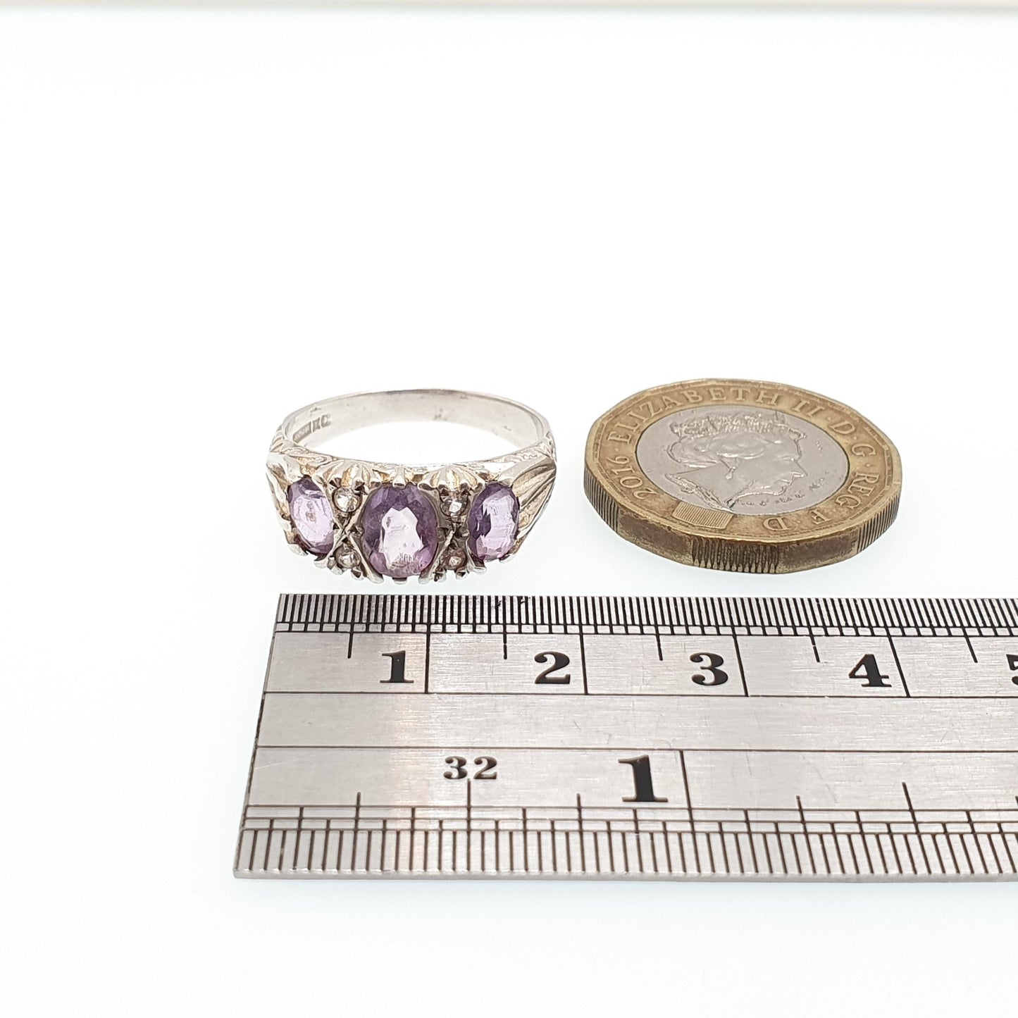 Vintage Sterling Silver Amethyst Ring Gypsy Large Gemstones White Quartz Hallmark Chunky Solid 925 Sparkly Retro Jewellery Jewelry