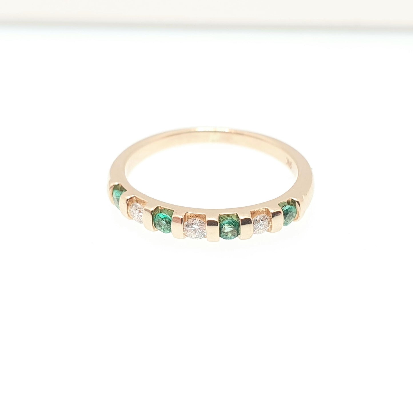 Solid 9k Gold Emerald Diamond Ring Half Eternity Brilliant Cut Solid 9ct 375 Estate Fine Retro Genuine Gemstone Jewelry Jewellery Womens