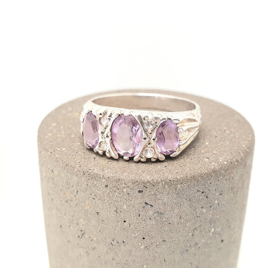 Vintage Sterling Silver Amethyst Ring Gypsy Large Gemstones White Quartz Hallmark Chunky Solid 925 Sparkly Retro Jewellery Jewelry