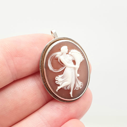 Antique Solid Silver Grace Cameo Brooch Pendant Art Deco Shell Hand Carved Necklace Dancing Fine Estate Vintage Jewelry Jewellery Jewelry