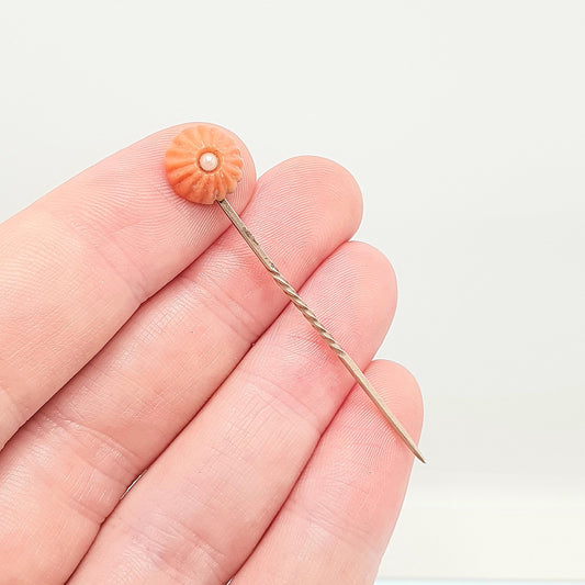 Antique Victorian 9ct Gold Coral Stick Pin Solid 375 9k Seed Pearl Hand Carved Lapel Genuine Jacket Gents Mens Jewelry Vintage Jewellery