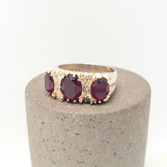 Vintage Sterling Silver Garnet Ring Gypsy Large Gemstones Pyrope White Quartz Chunky Solid 925 Sparkly Retro Womens Girls Jewelry Jewellery
