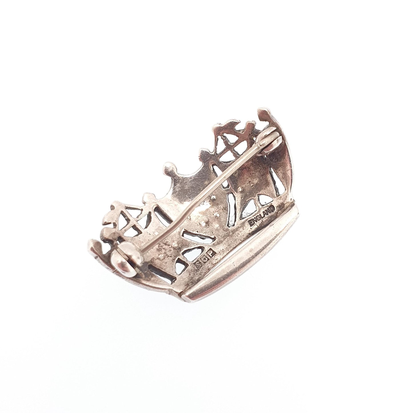 Antique Sterling Silver Crown Brooch Diamond Paste SCP Sparkly Foiled Solid 925 Royalty King Queen Mens Womens Jewelry Jewellery