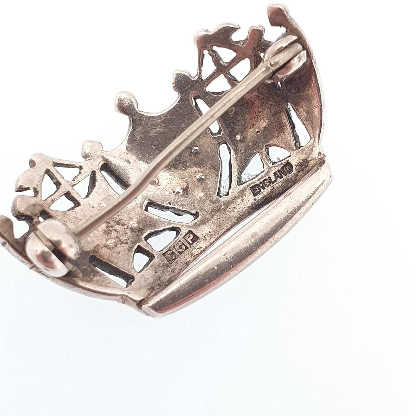 Antique Sterling Silver Crown Brooch Diamond Paste SCP Sparkly Foiled Solid 925 Royalty King Queen Mens Womens Jewelry Jewellery