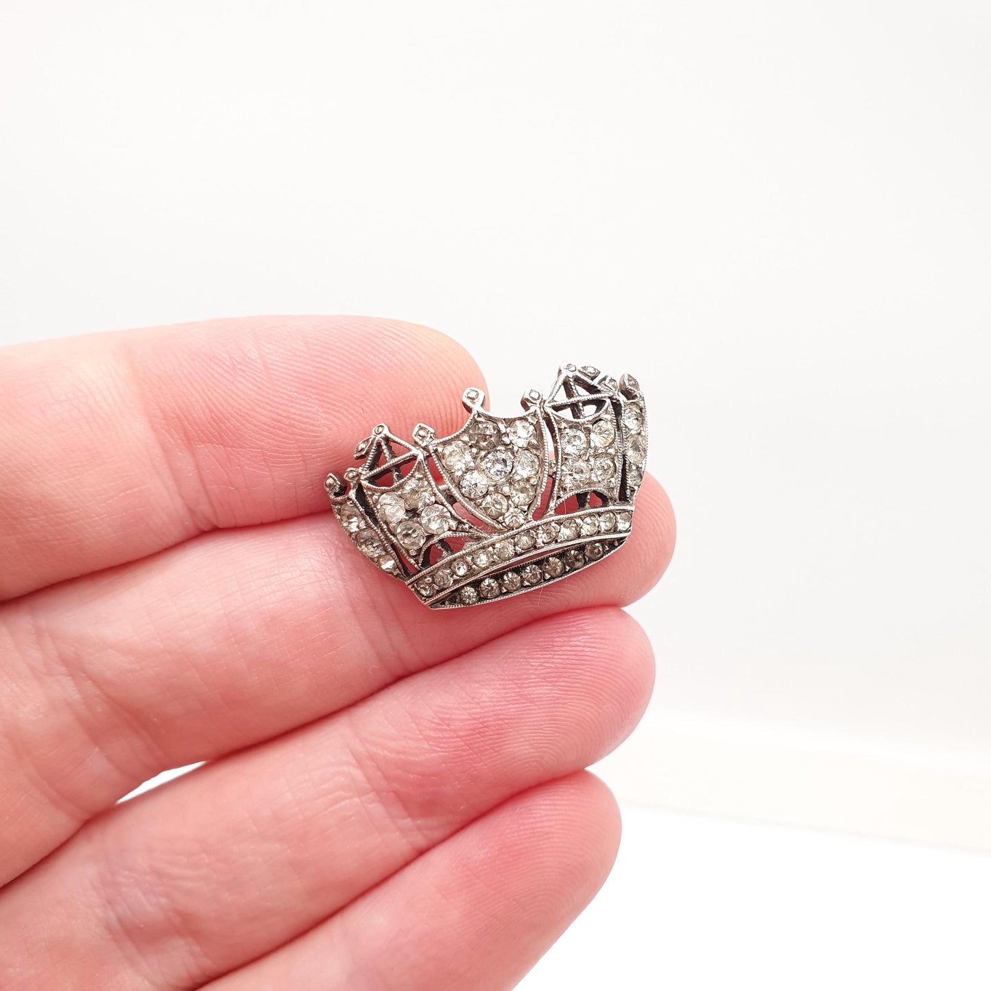 Antique Sterling Silver Crown Brooch Diamond Paste SCP Sparkly Foiled Solid 925 Royalty King Queen Mens Womens Jewelry Jewellery