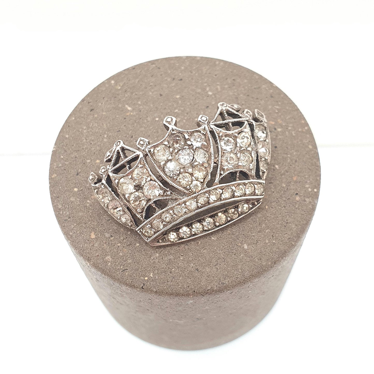 Antique Sterling Silver Crown Brooch Diamond Paste SCP Sparkly Foiled Solid 925 Royalty King Queen Mens Womens Jewelry Jewellery