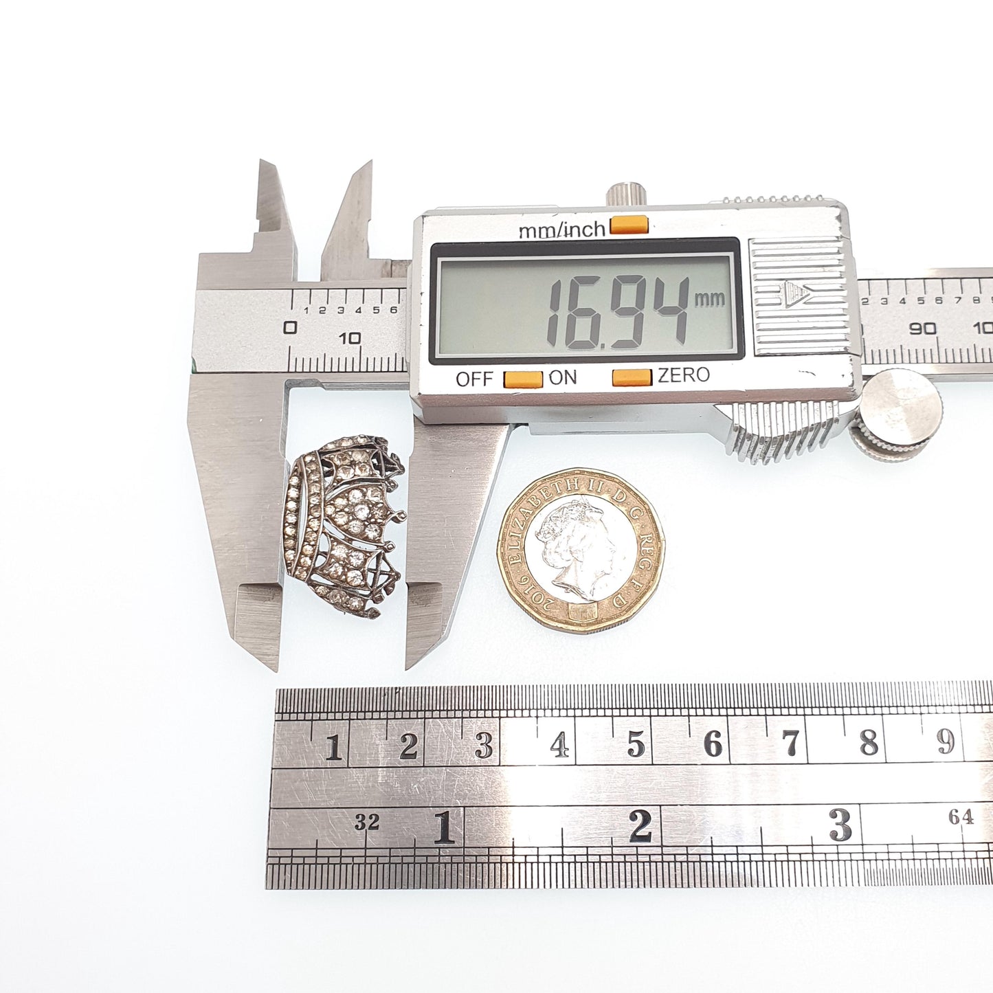 Antique Sterling Silver Crown Brooch Diamond Paste SCP Sparkly Foiled Solid 925 Royalty King Queen Mens Womens Jewelry Jewellery