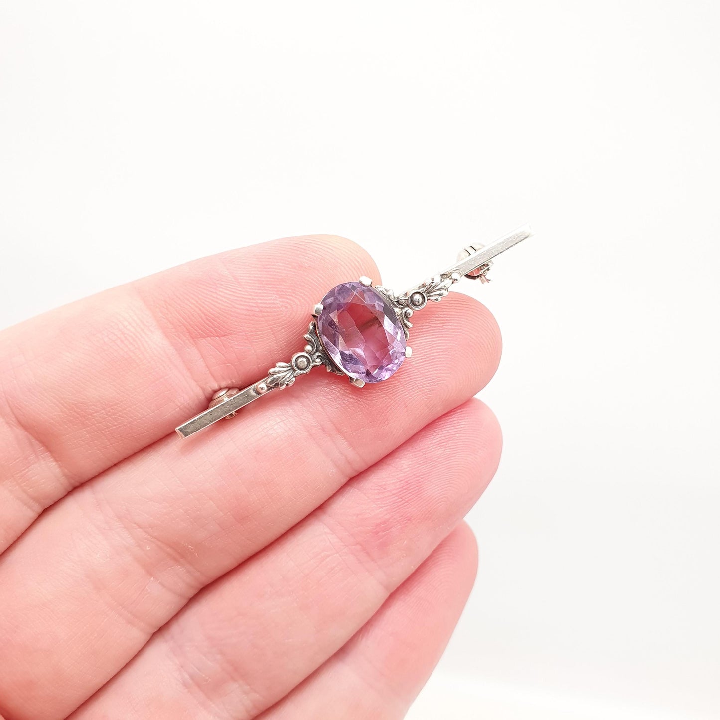 Antique Solid Silver Amethyst Brooch Pin Genuine Natural Gemstone Oval Cut Cabochon 1920s Fine Estate Vintage Womens Jewelry Jewellery