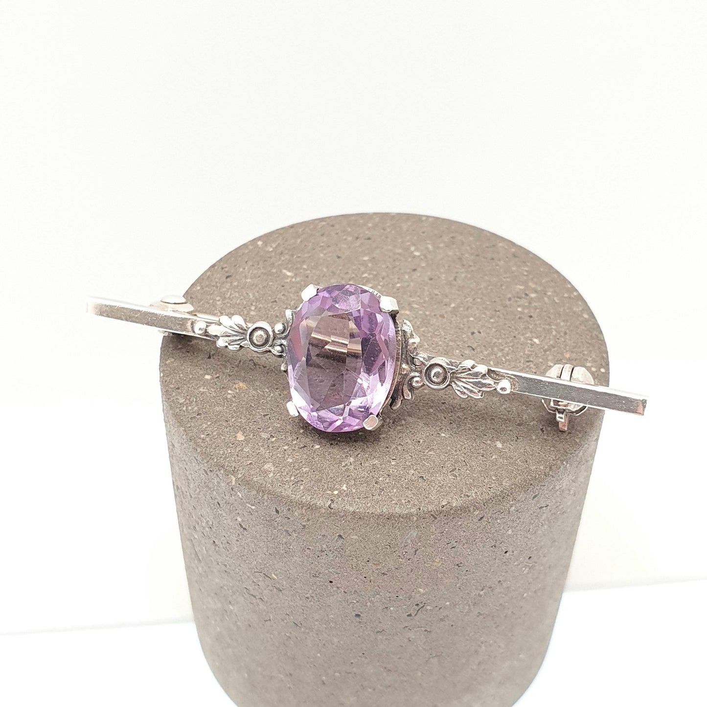 Antique Solid Silver Amethyst Brooch Pin Genuine Natural Gemstone Oval Cut Cabochon 1920s Fine Estate Vintage Womens Jewelry Jewellery