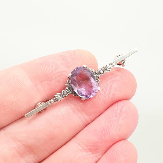 Antique Solid Silver Amethyst Brooch Pin Genuine Natural Gemstone Oval Cut Cabochon 1920s Fine Estate Vintage Womens Jewelry Jewellery