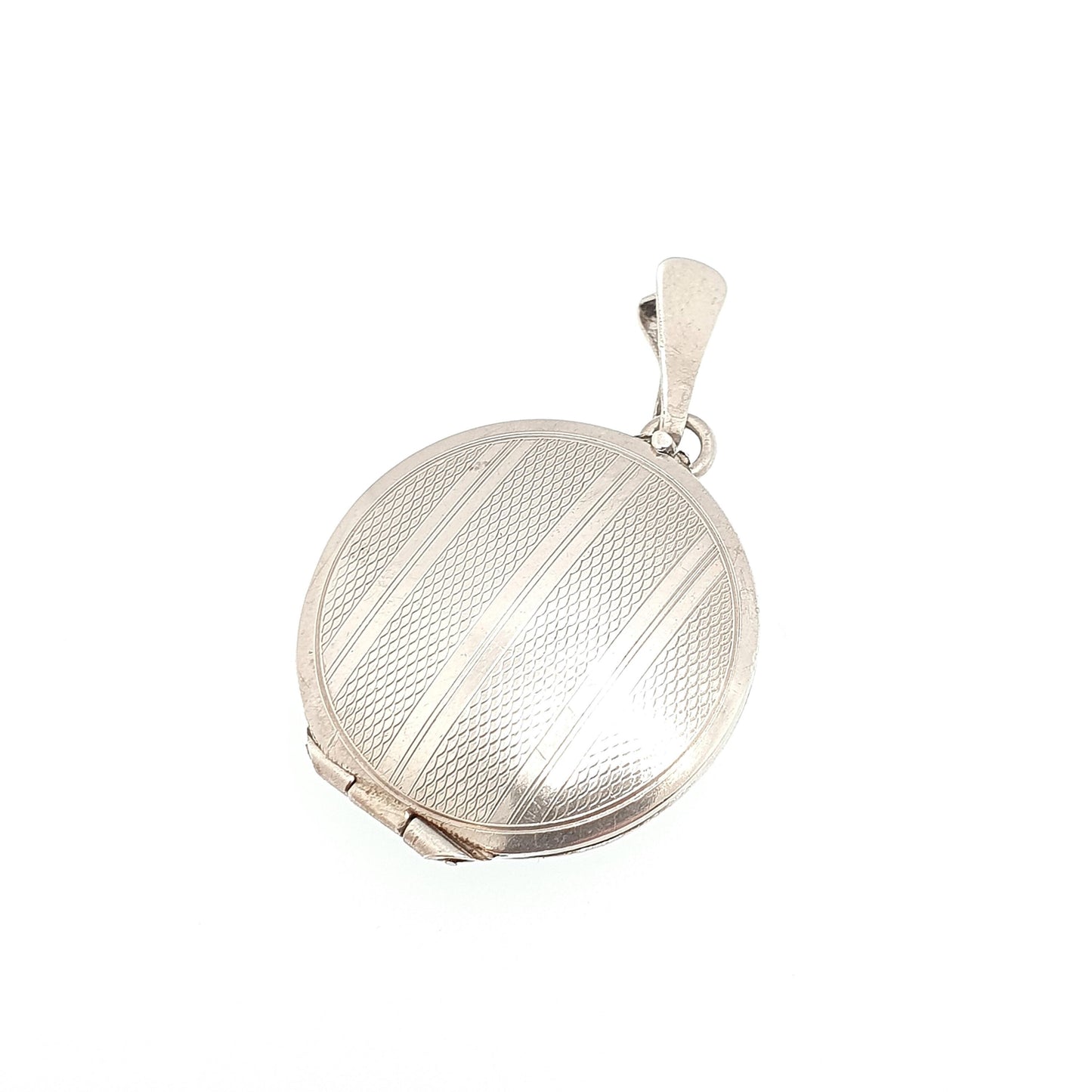 Antique Solid Silver Locket Art Deco Geometric Pattern Round Circle Necklace Pendant Rare Fine 1920s Picture Photo Jewelry Vintage Jewellery